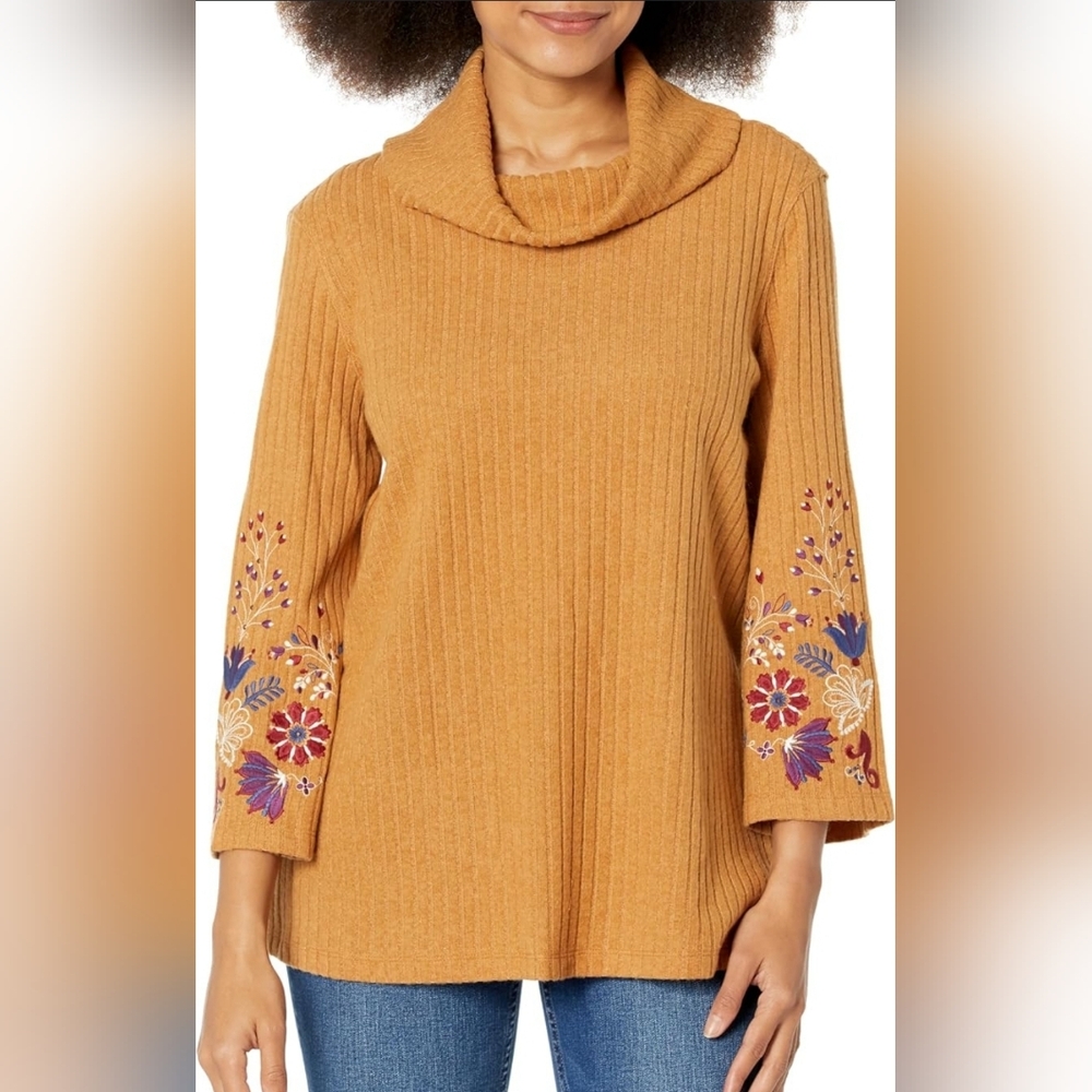 Multiples Mustard Embroidered 3/4 Bell Sleeve Women's Sweater SIZE‎ S. #833